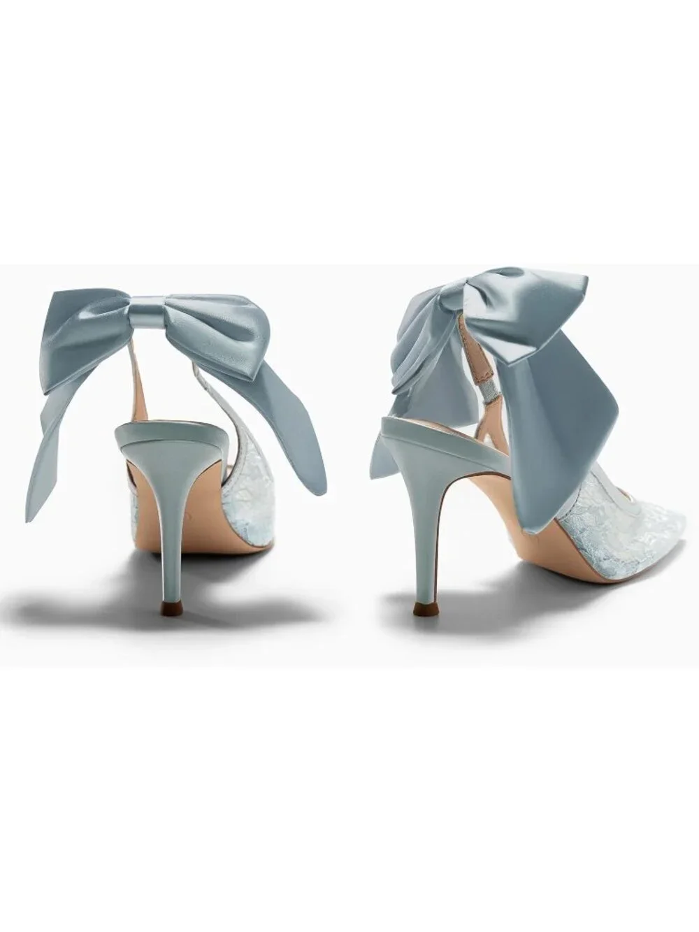 Women's Blue Slingback High Heels Bow Closed Pointed Toe Lace Patchwork Shoes